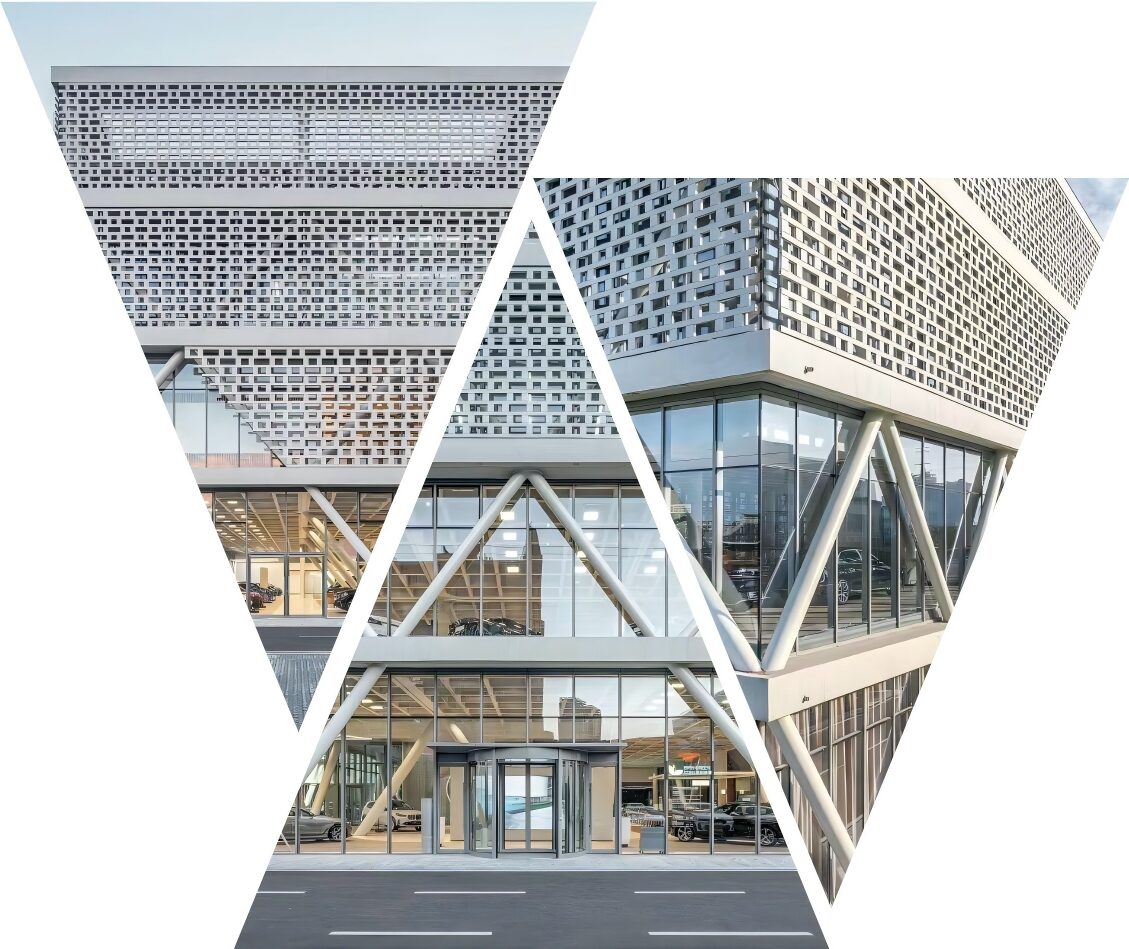 A composite image showing different angles of the Wuxi Xibaohang BMW 4S dealership's exterior, focusing on the design and texture of LOPO white ceramic bricks used in the facade.