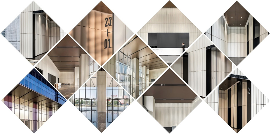 Collage of design highlights in the Vanke Metropolis office lobby