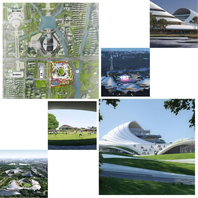 Collage of exterior images of Jiaxing Civic Center.