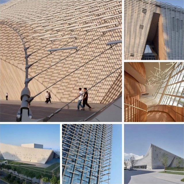 The façade of Nanchang Poly Grand Theatre combines modern architecture with traditional ceramic elements, showcasing the dynamic and innovative use of terracotta baguettes and louvers.